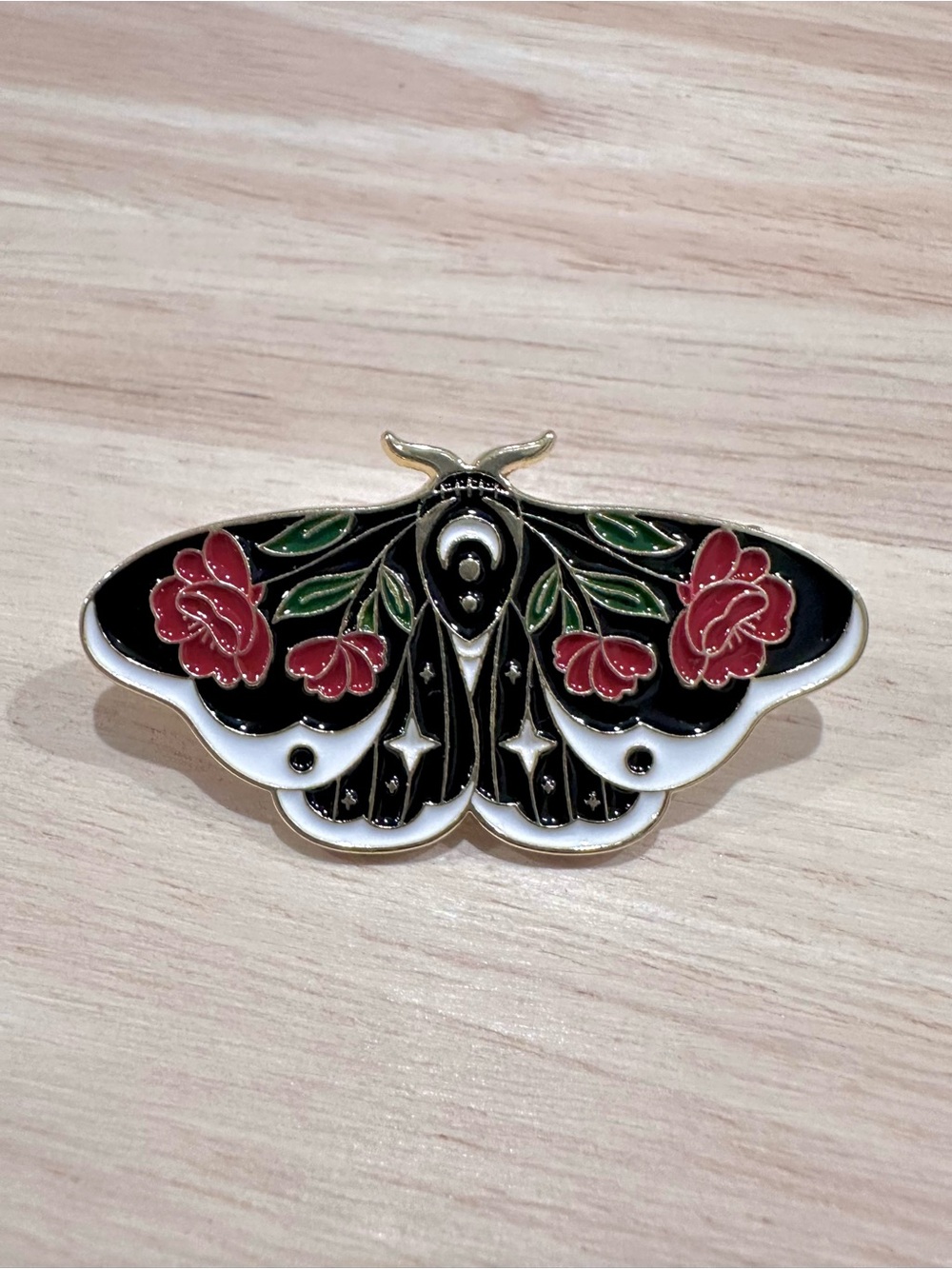 Black Rose Butterfly Gold Tone Enamel Brooch Pin